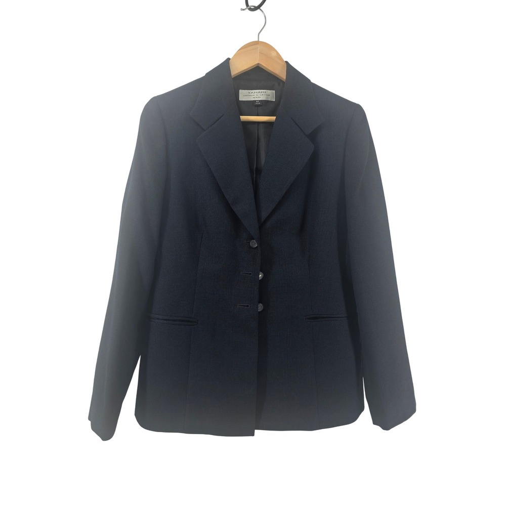 Tahari Arthur S Levine Blazer Women 8P Navy Blue Textured 3-Button Petite Jacket